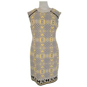 KARIN STEVENS Yellow & Navy Stretch Knit Dress Size 12 Geometric Print Simple